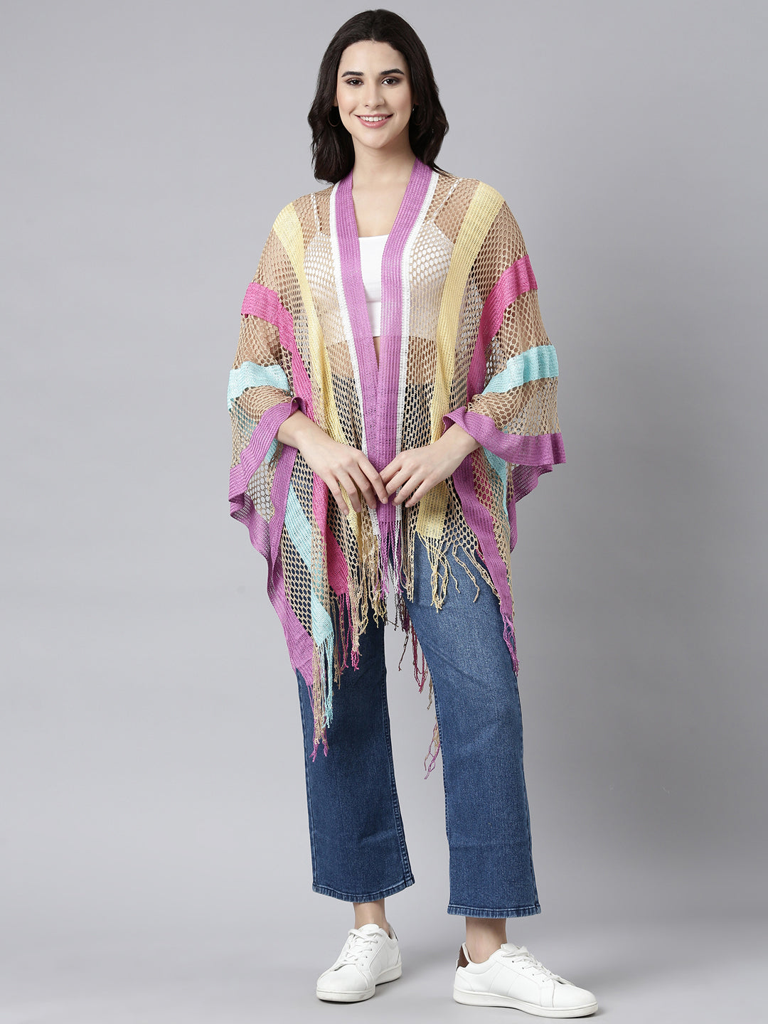 Women Striped Multi Longline Poncho