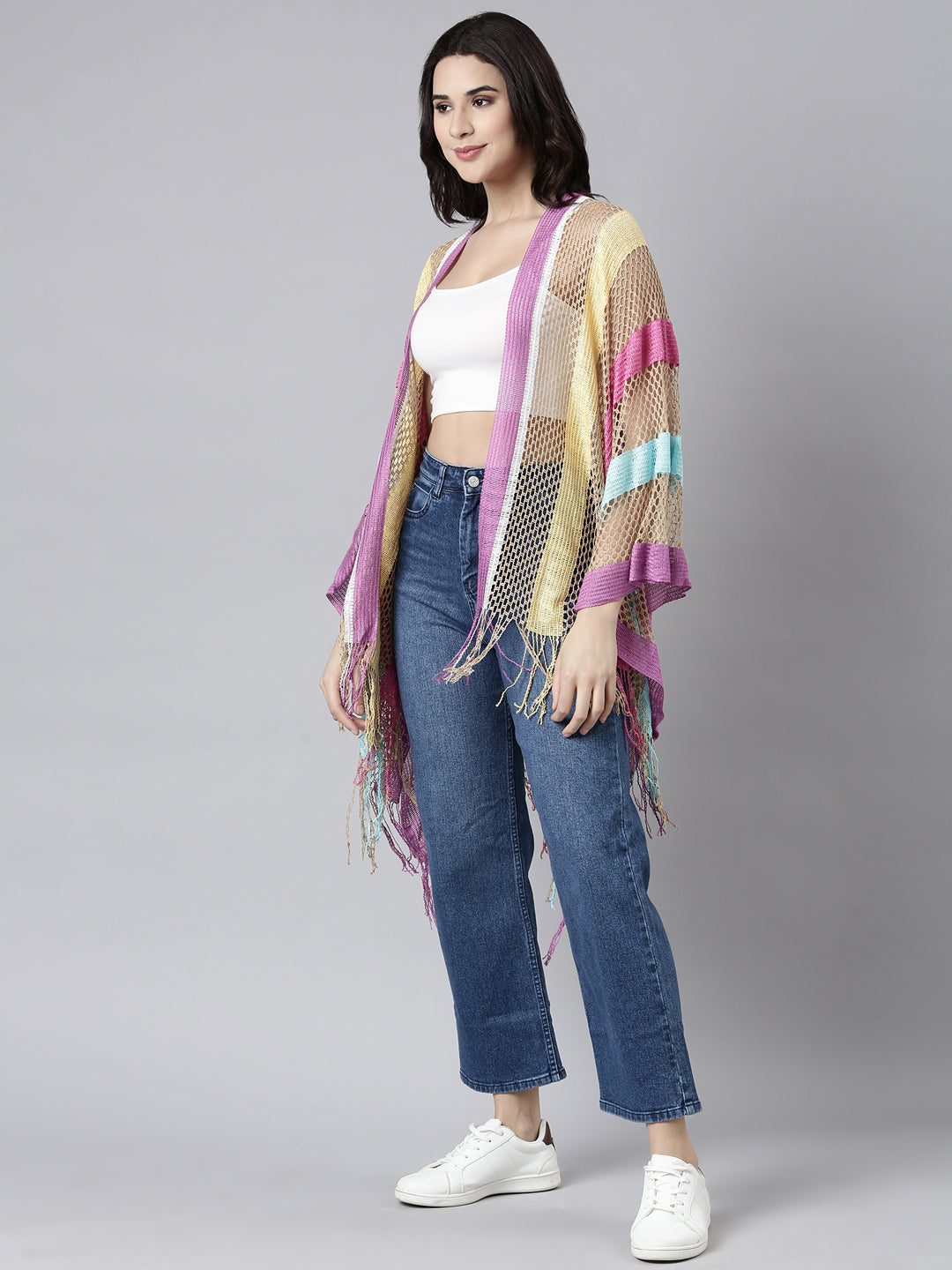 Women Striped Multi Longline Poncho