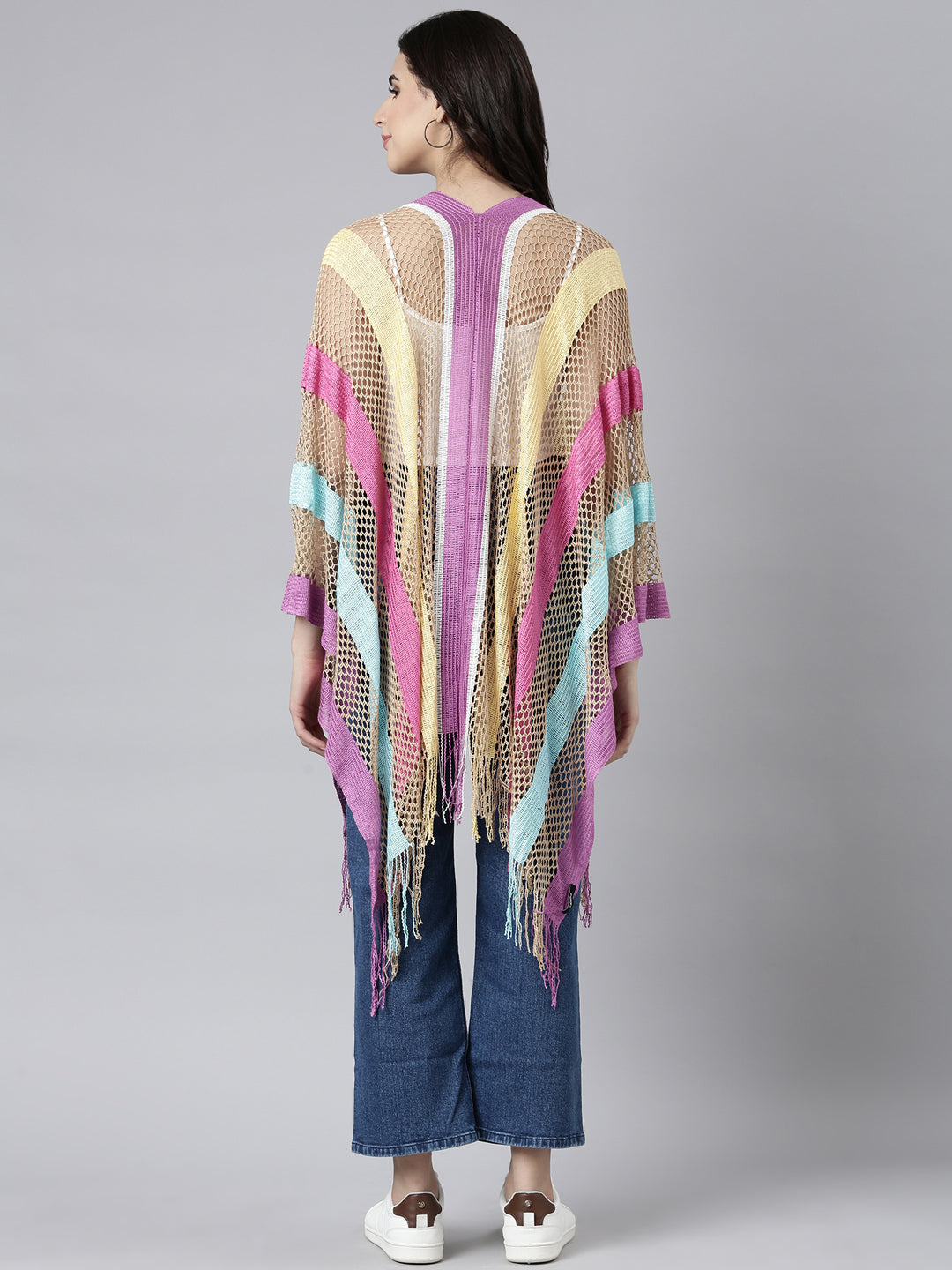 Women Striped Multi Longline Poncho