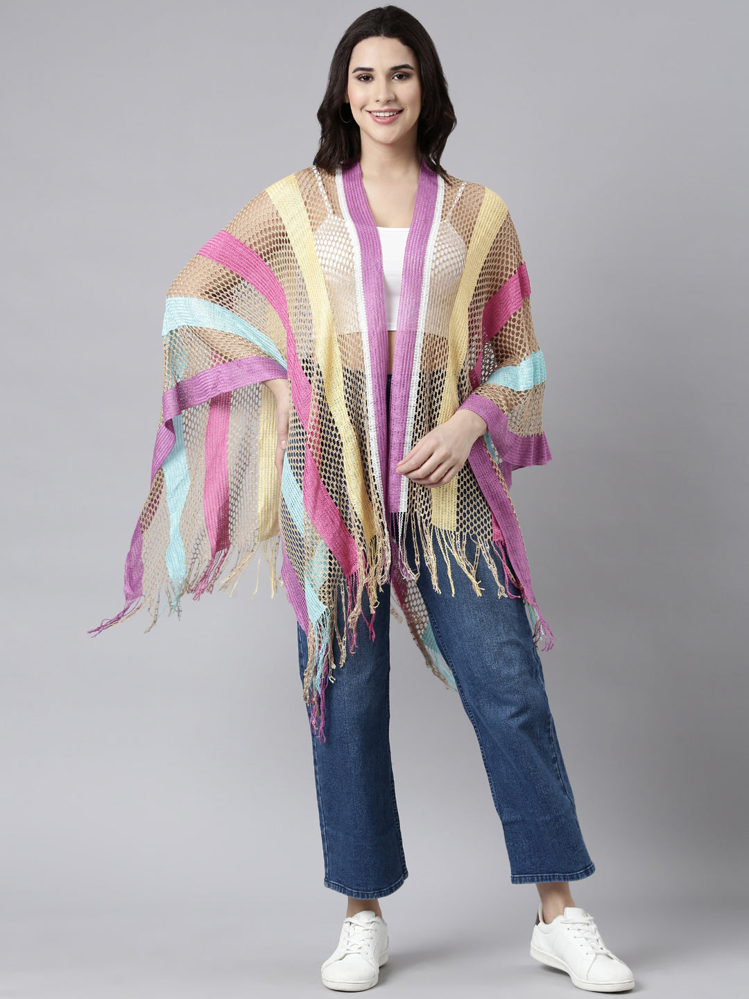 Women Striped Multi Longline Poncho