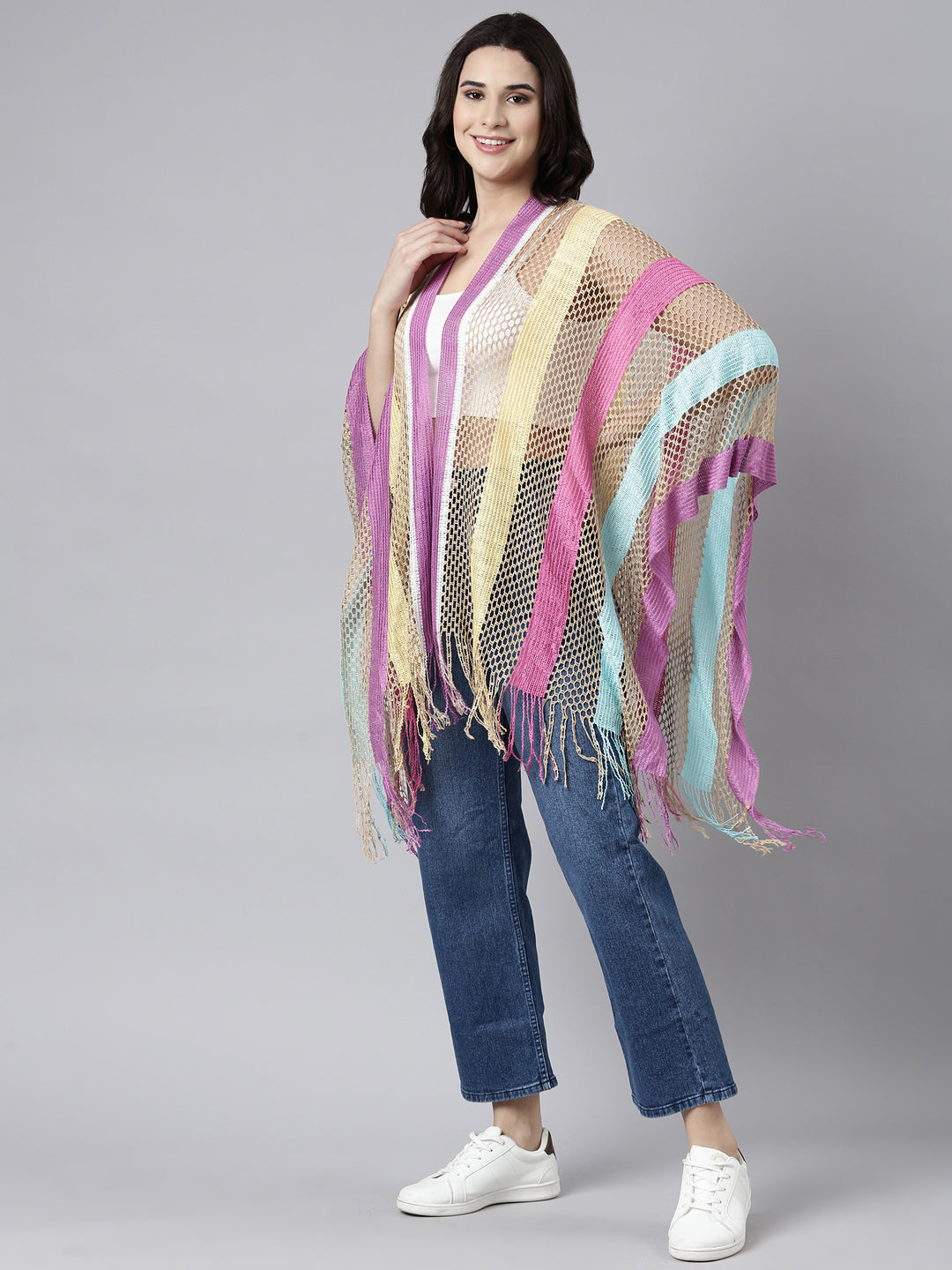 Women Striped Multi Longline Poncho