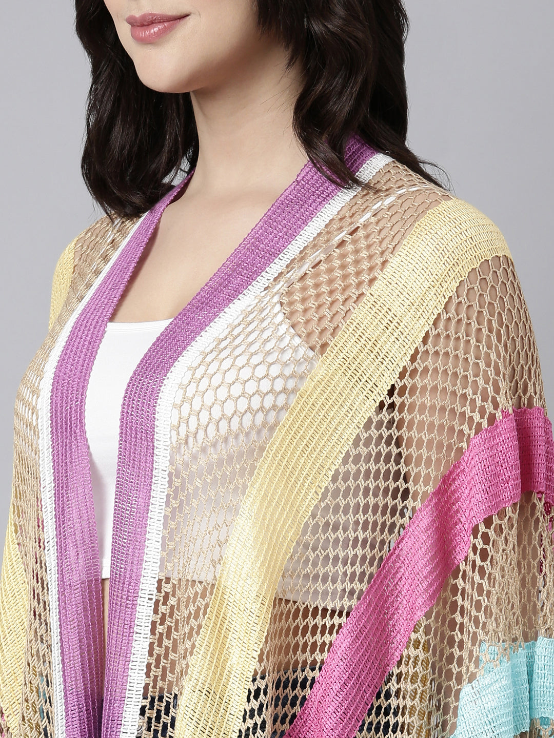 Women Striped Multi Longline Poncho