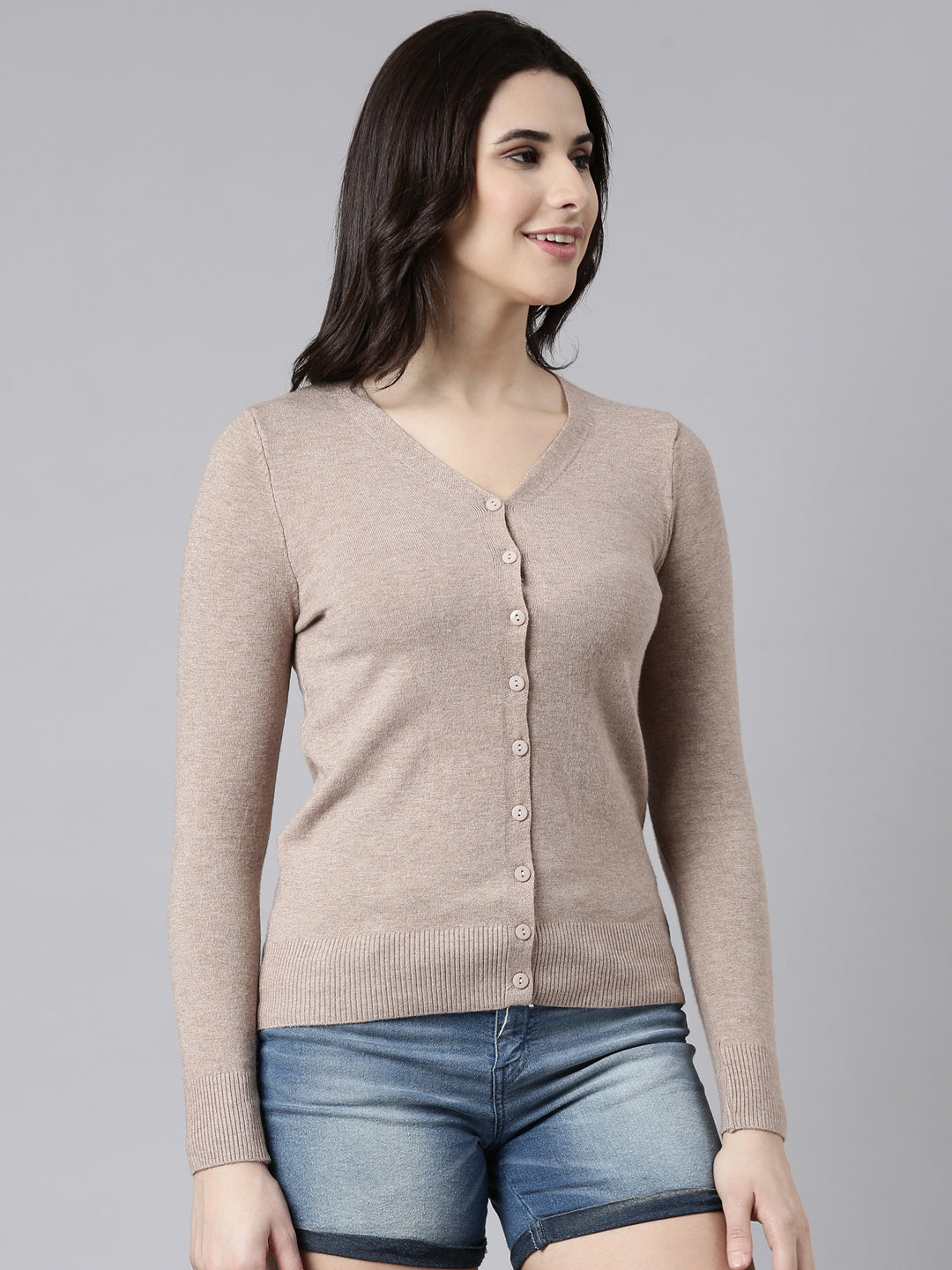 Women's Solid Beige Cardigan