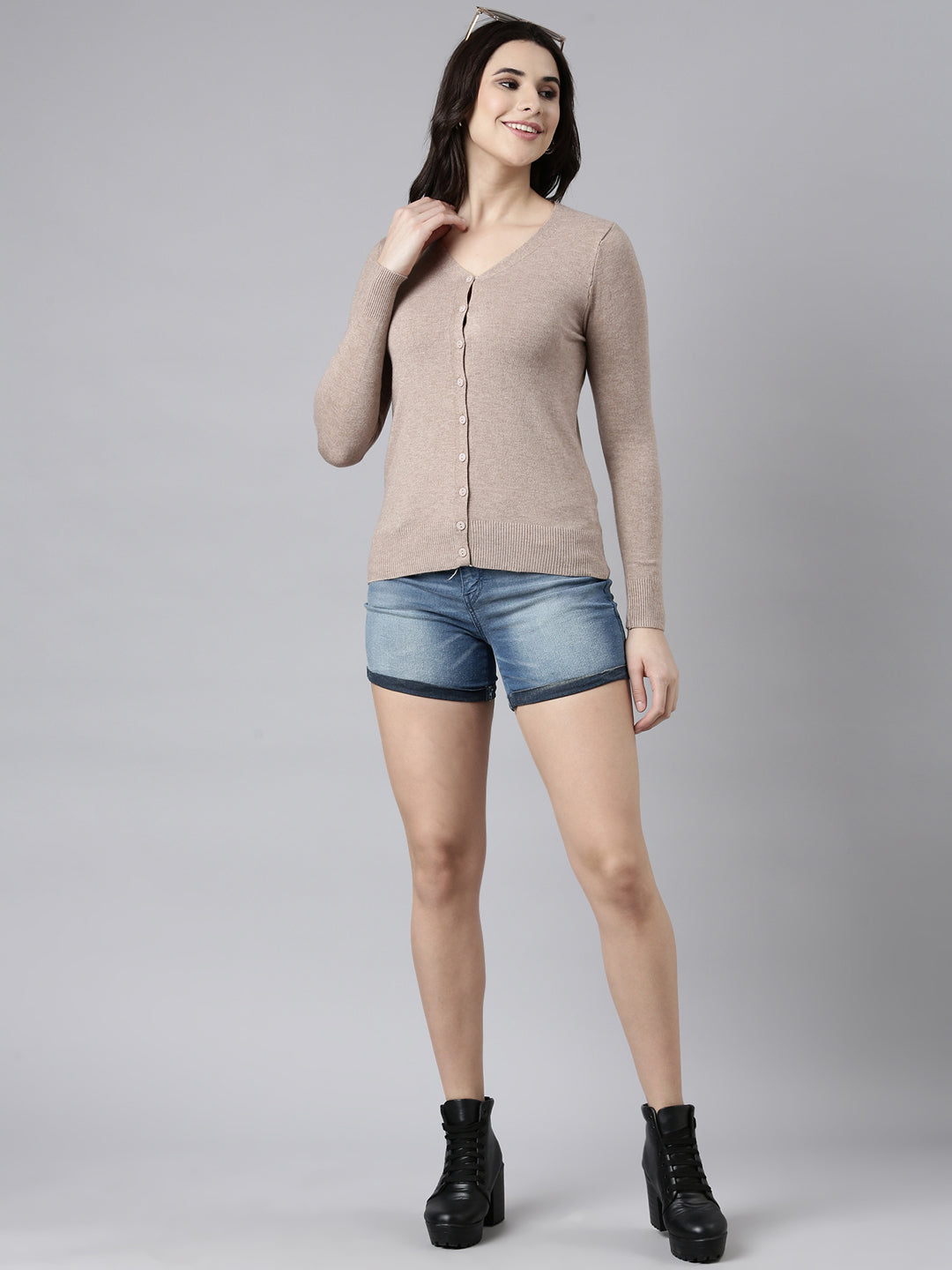Women's Solid Beige Cardigan