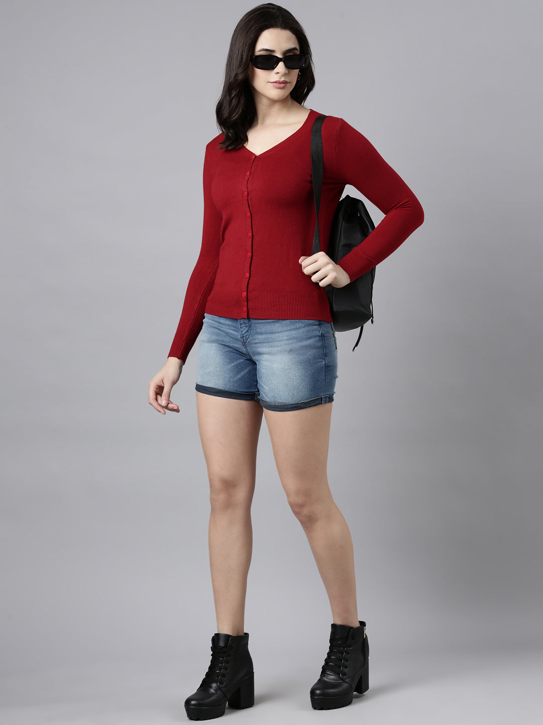 Women's Solid Maroon Cardigan