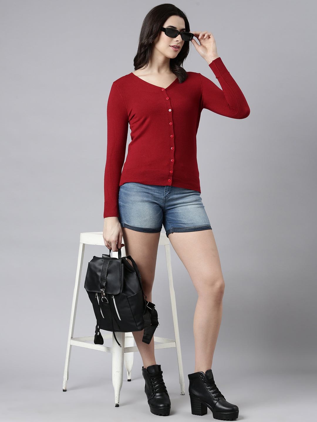 Women's Solid Maroon Cardigan