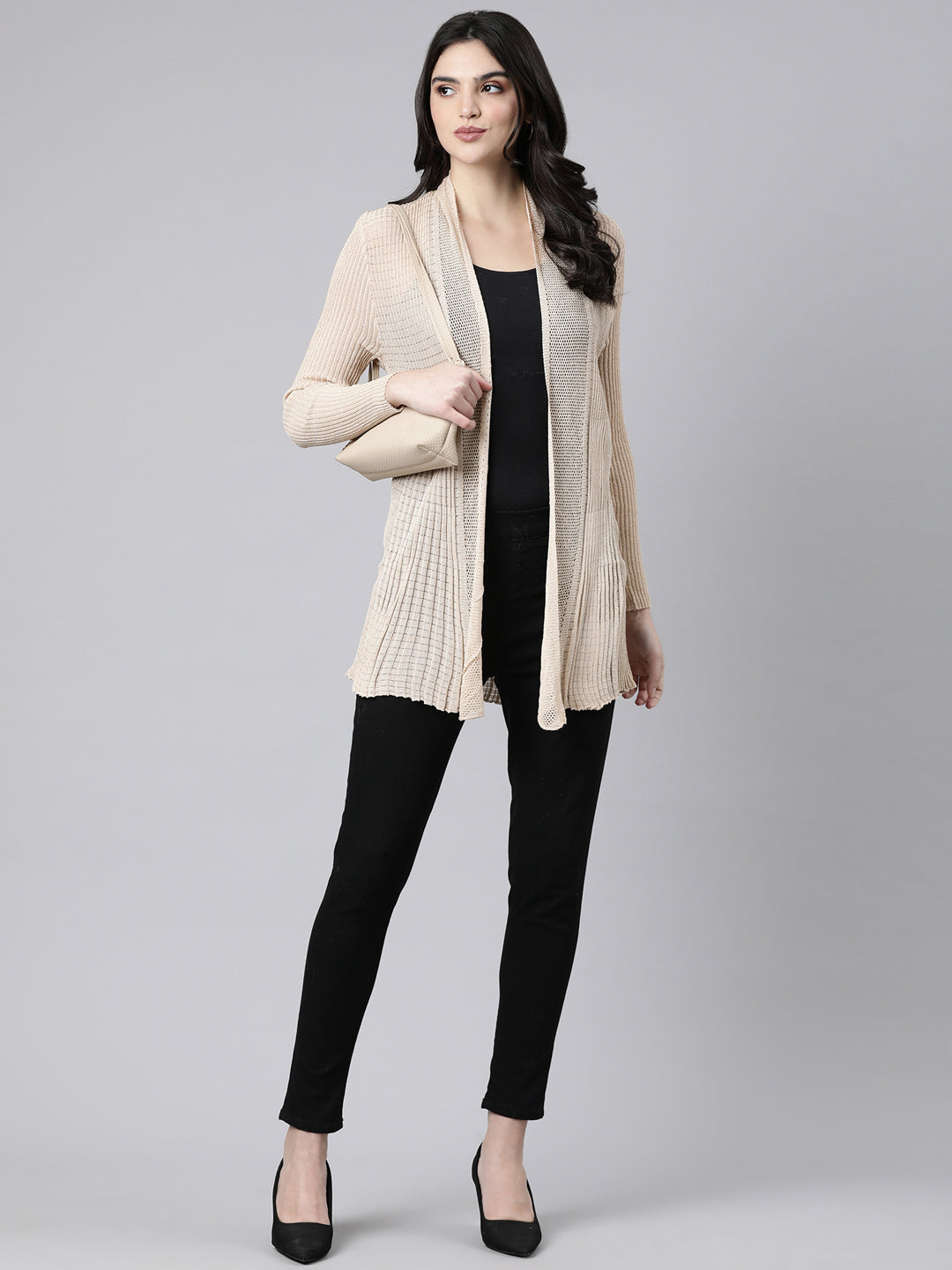 Women's Self Design Beige Shrug