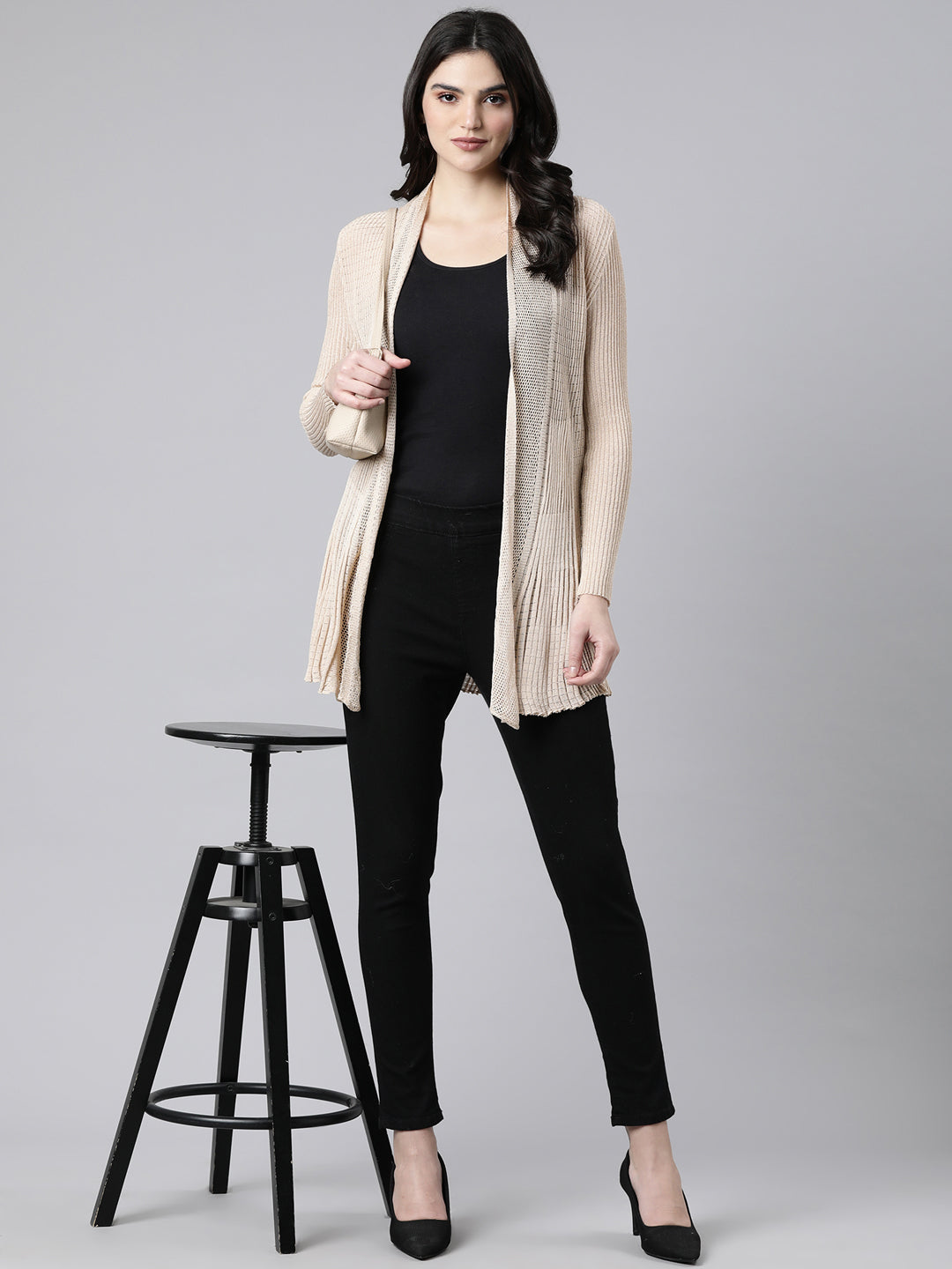 Women's Self Design Beige Shrug