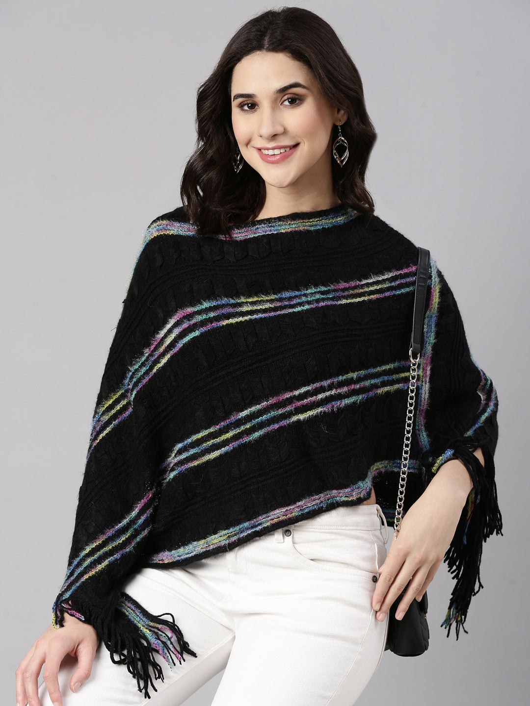 Women Striped Black Poncho