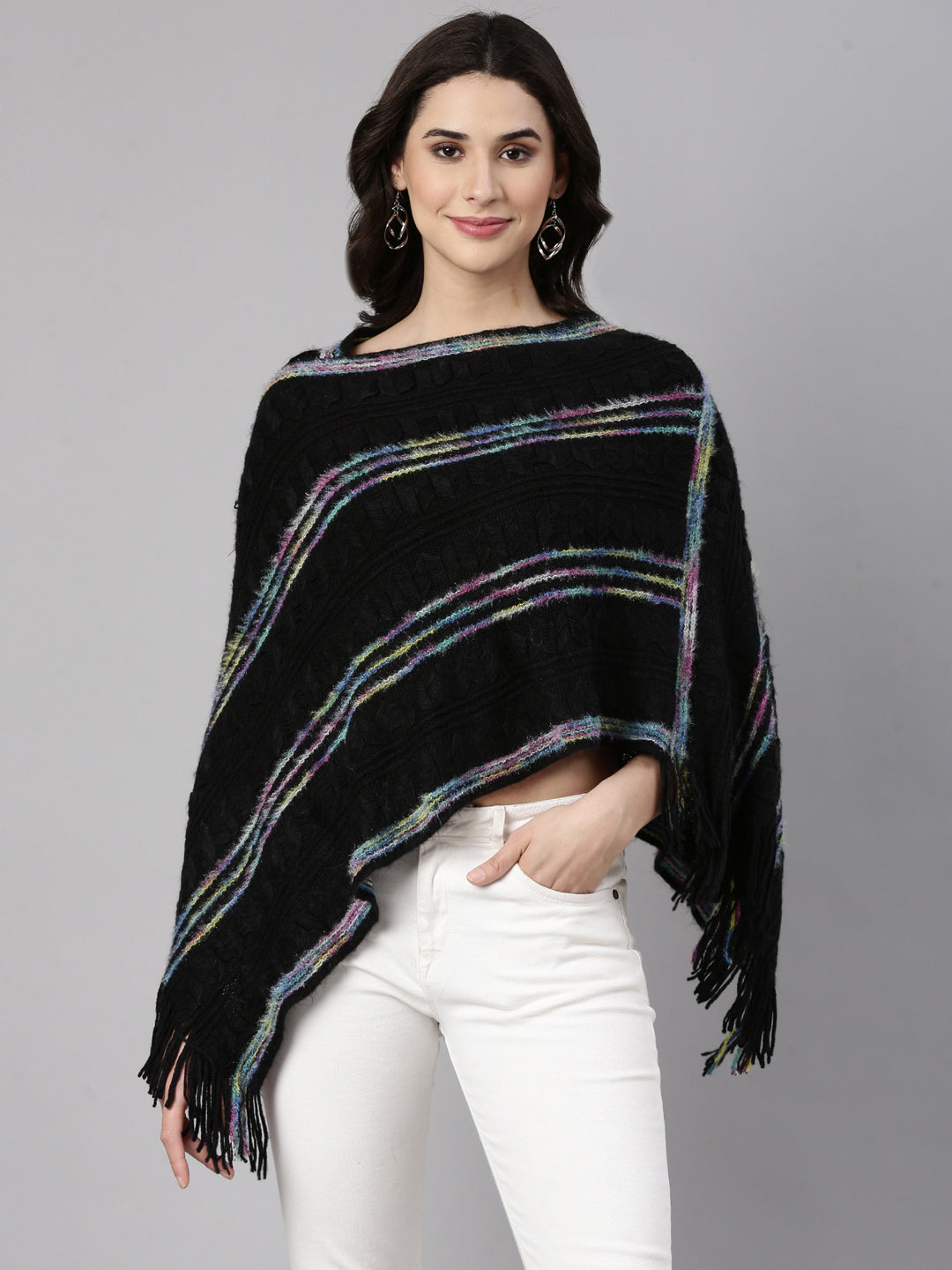 Women Striped Black Poncho