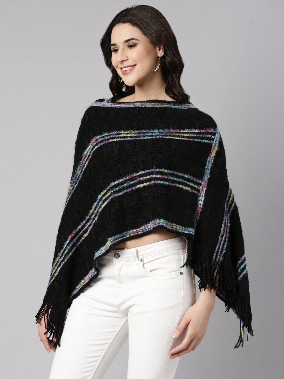 Women Striped Black Poncho