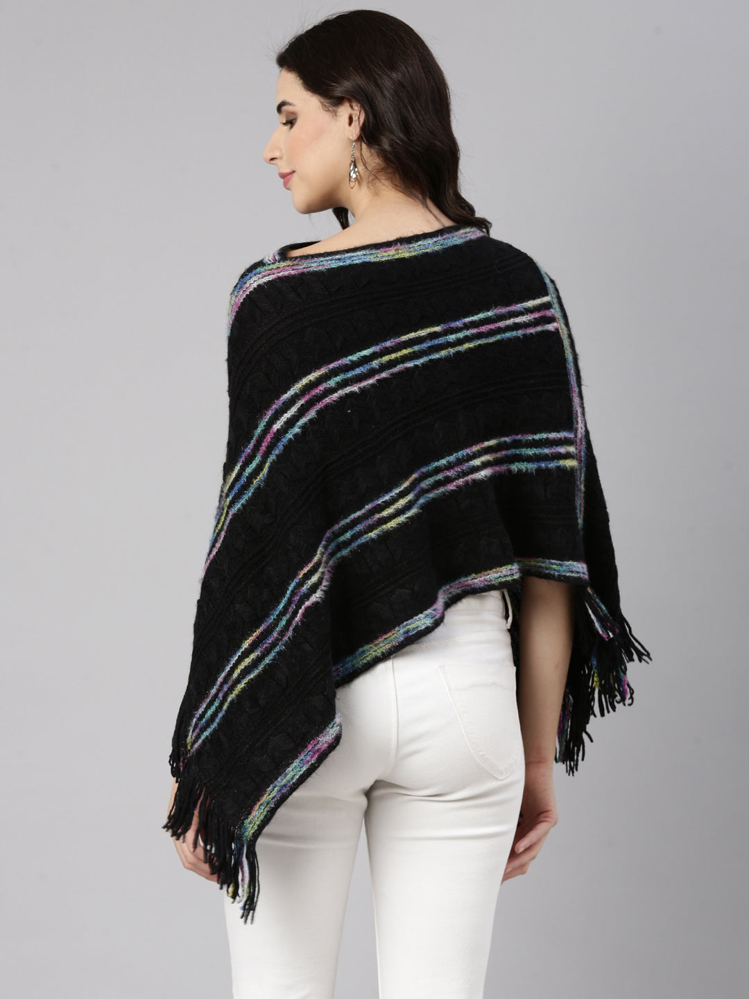 Women Striped Black Poncho