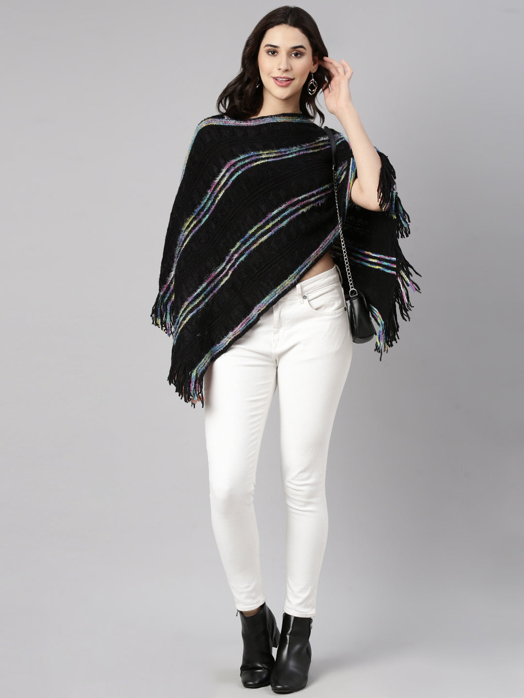 Women Striped Black Poncho