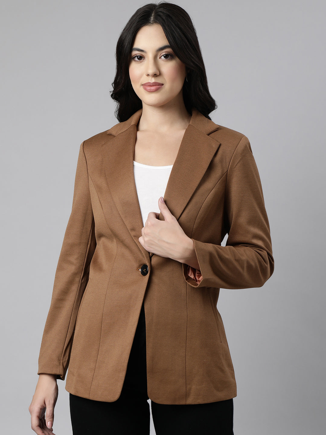 Women Brown Single-Breasted Longline  Blazer