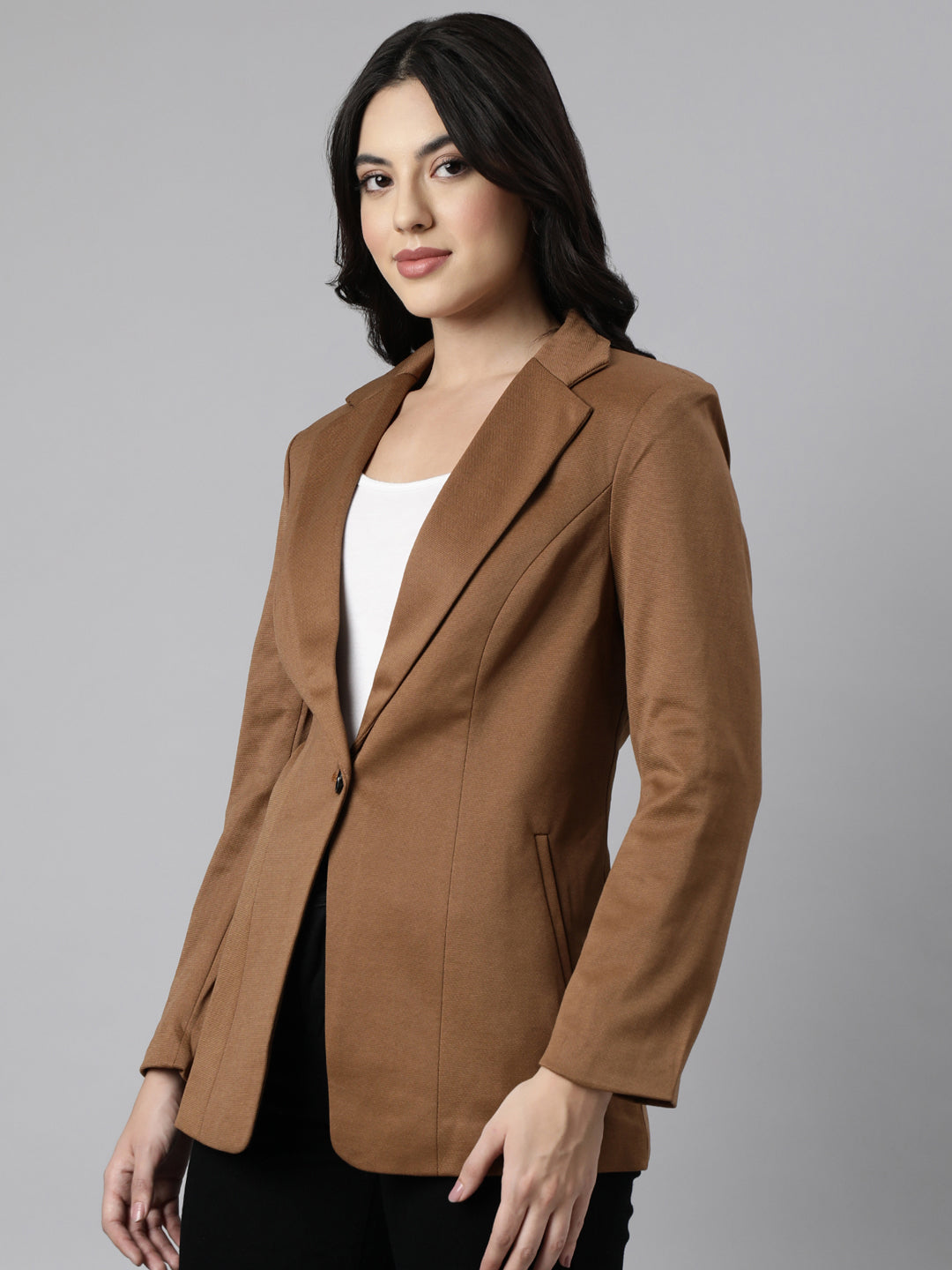 Women Brown Single-Breasted Longline  Blazer