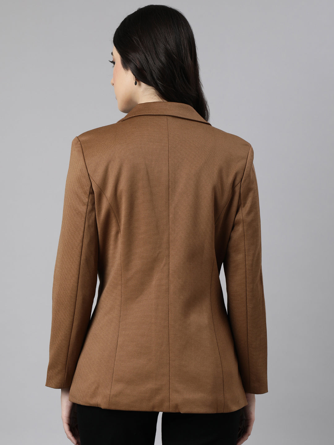 Women Brown Single-Breasted Longline  Blazer