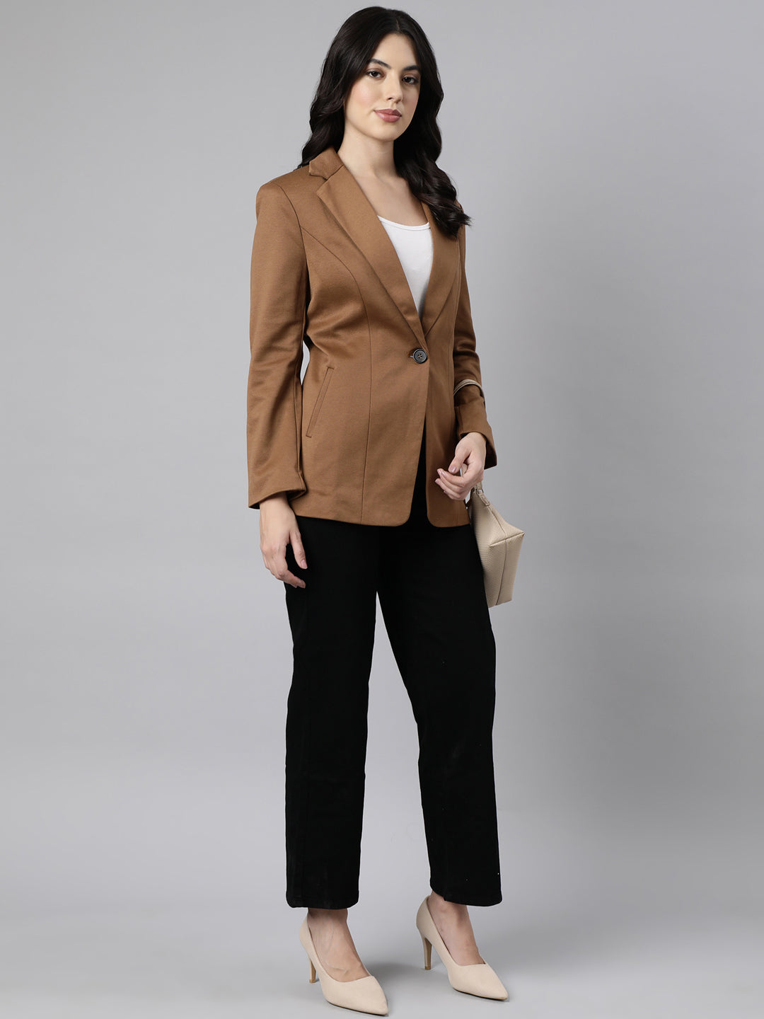 Women Brown Single-Breasted Longline  Blazer