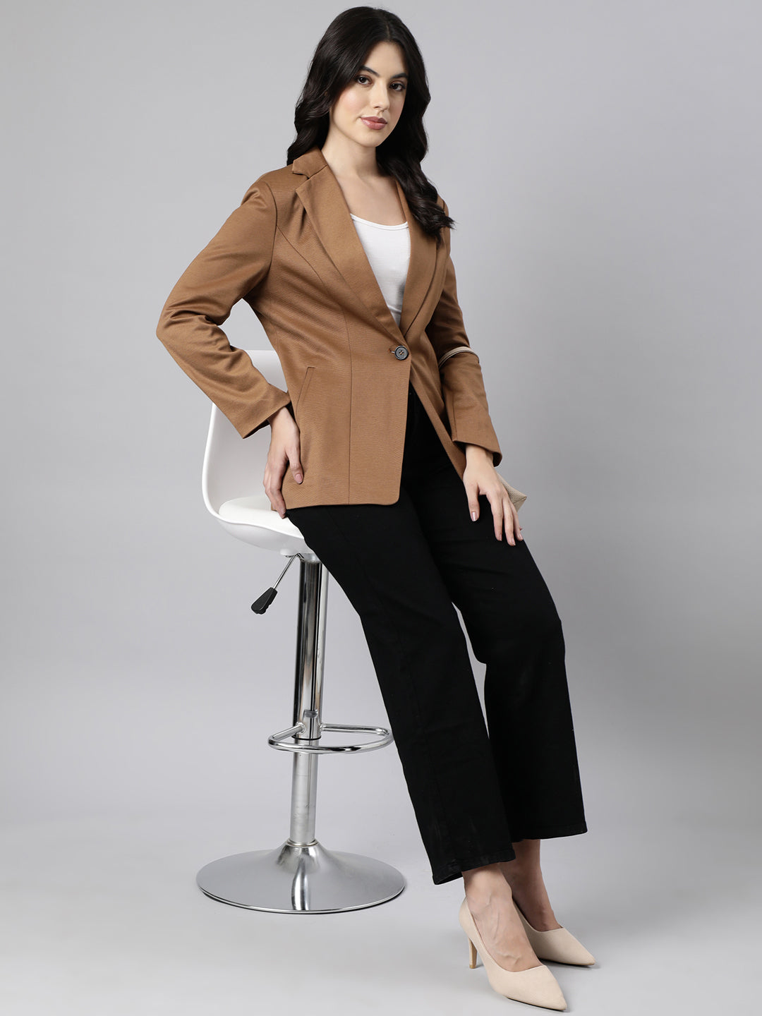 Women Brown Single-Breasted Longline  Blazer