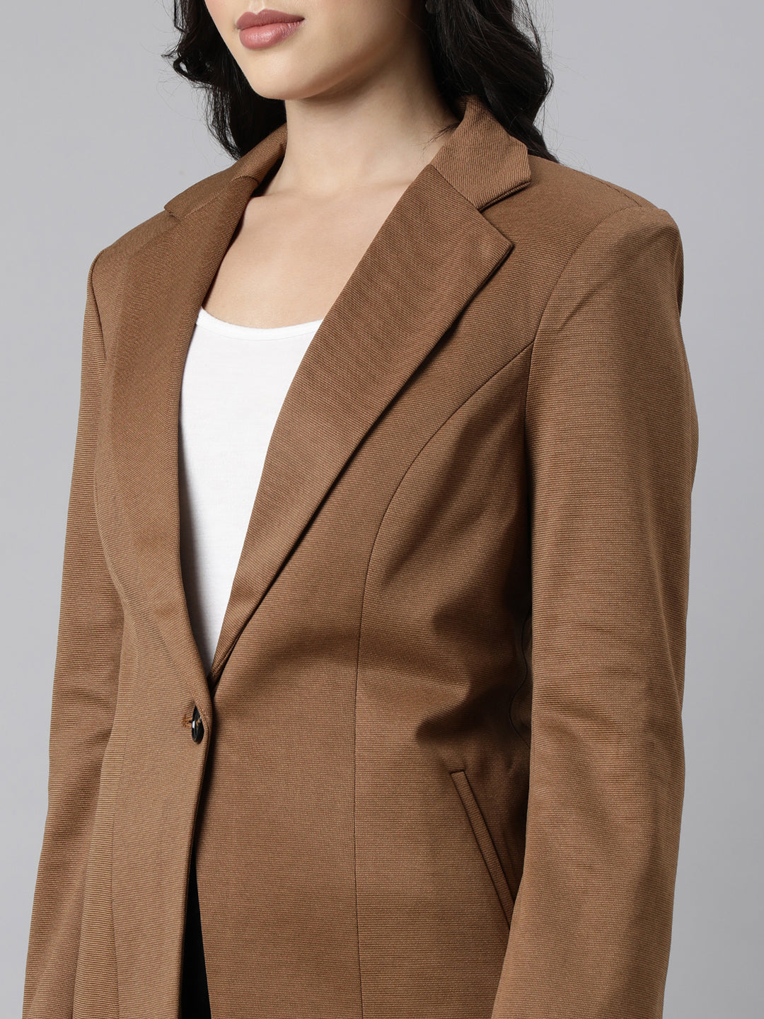 Women Brown Single-Breasted Longline  Blazer