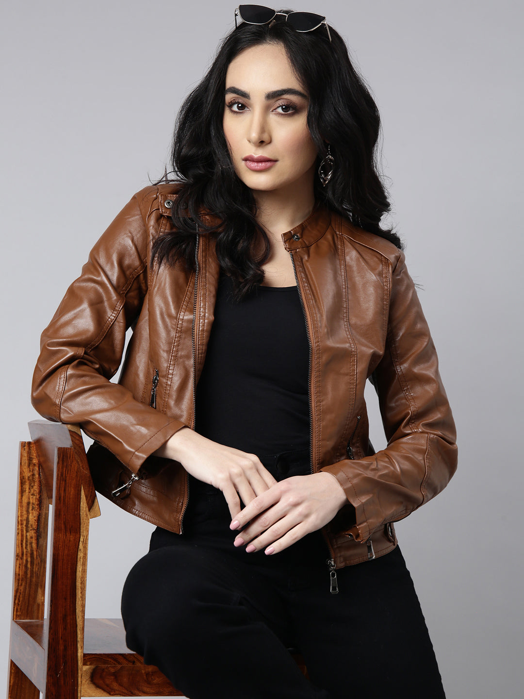 Women Solid Brown Biker Jacket