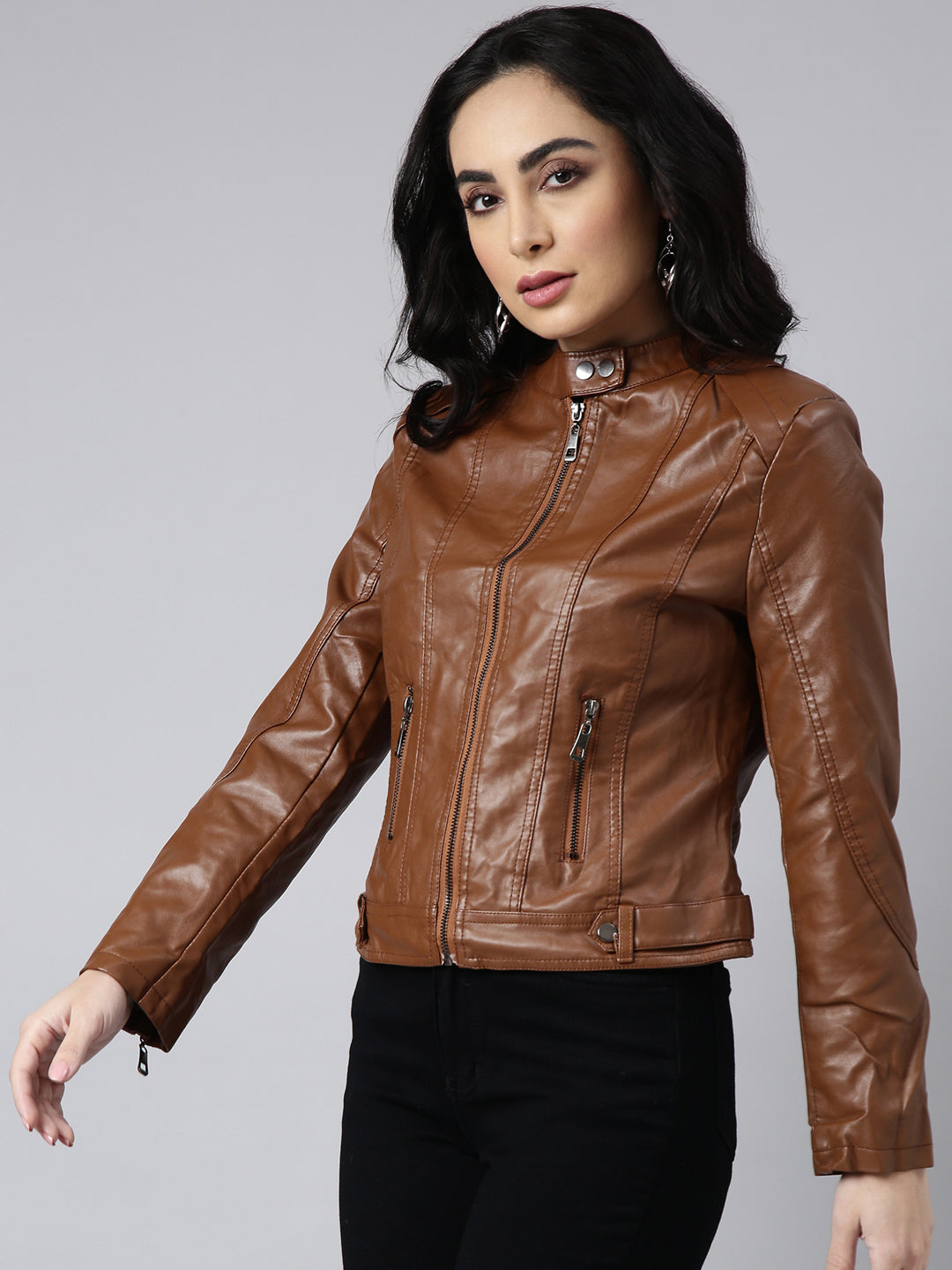 Women Solid Brown Biker Jacket