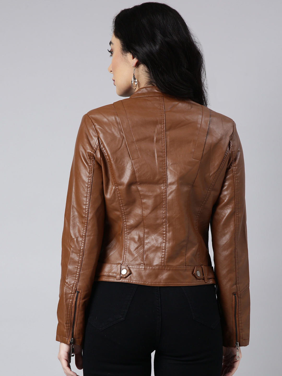 Women Solid Brown Biker Jacket