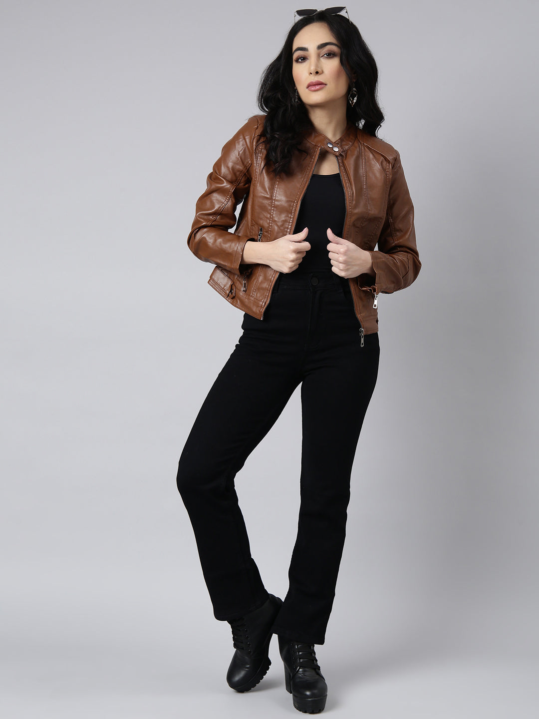 Women Solid Brown Biker Jacket