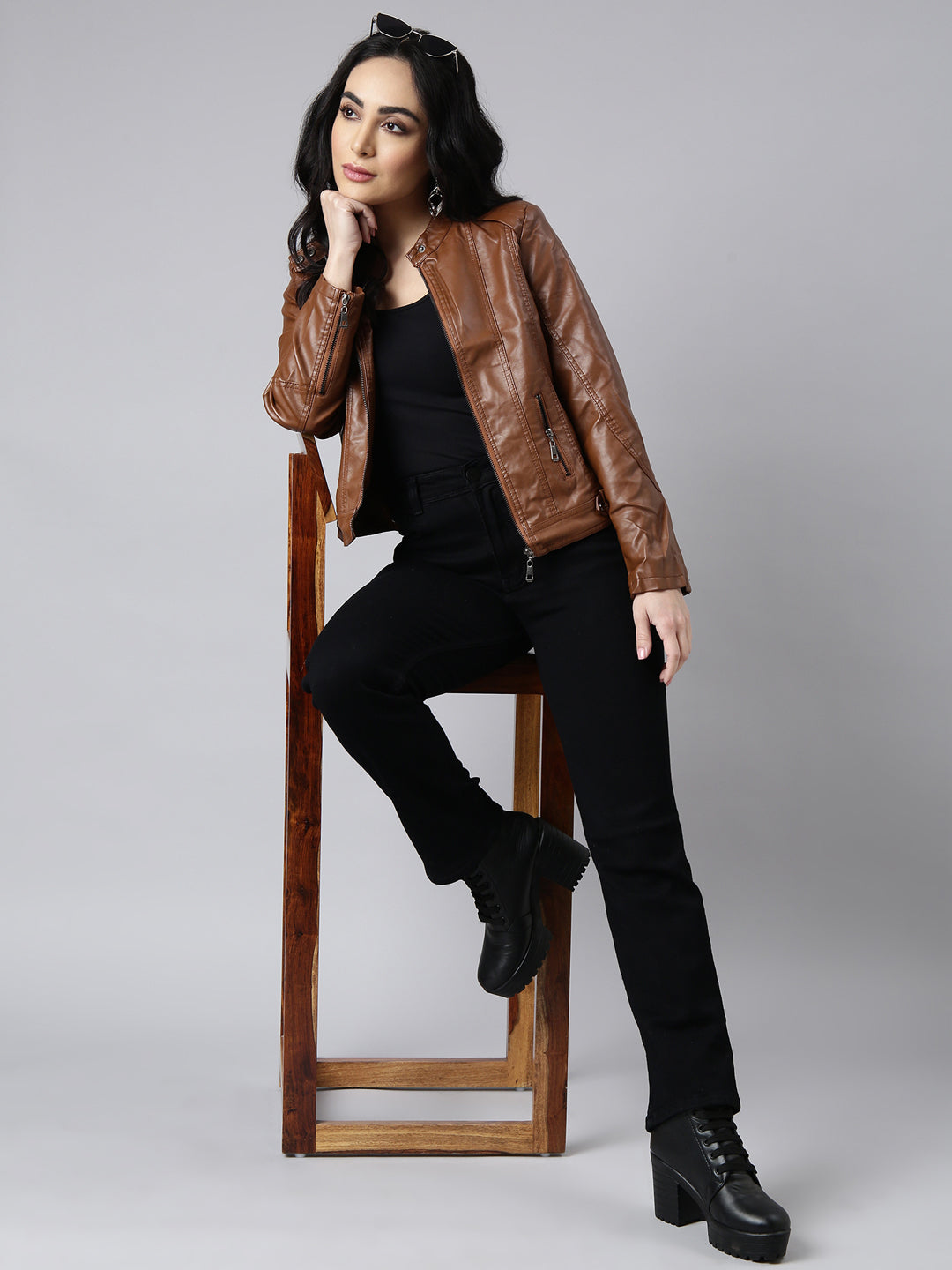 Women Solid Brown Biker Jacket