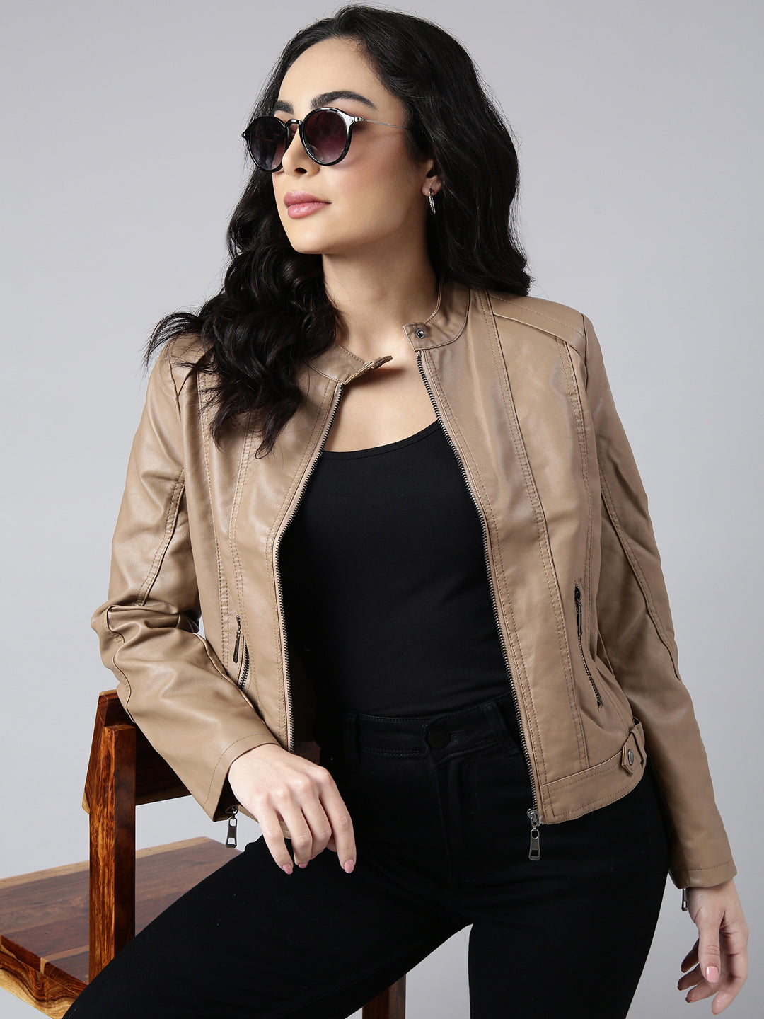 Women Solid Camel Brown Biker Jacket