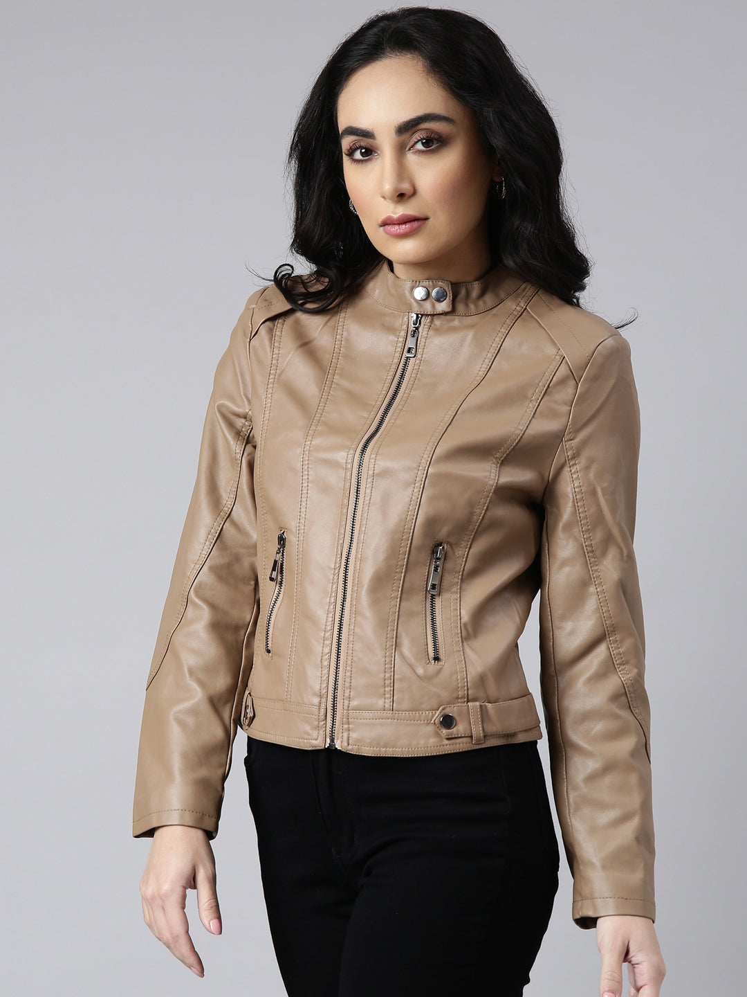 Women Solid Camel Brown Biker Jacket