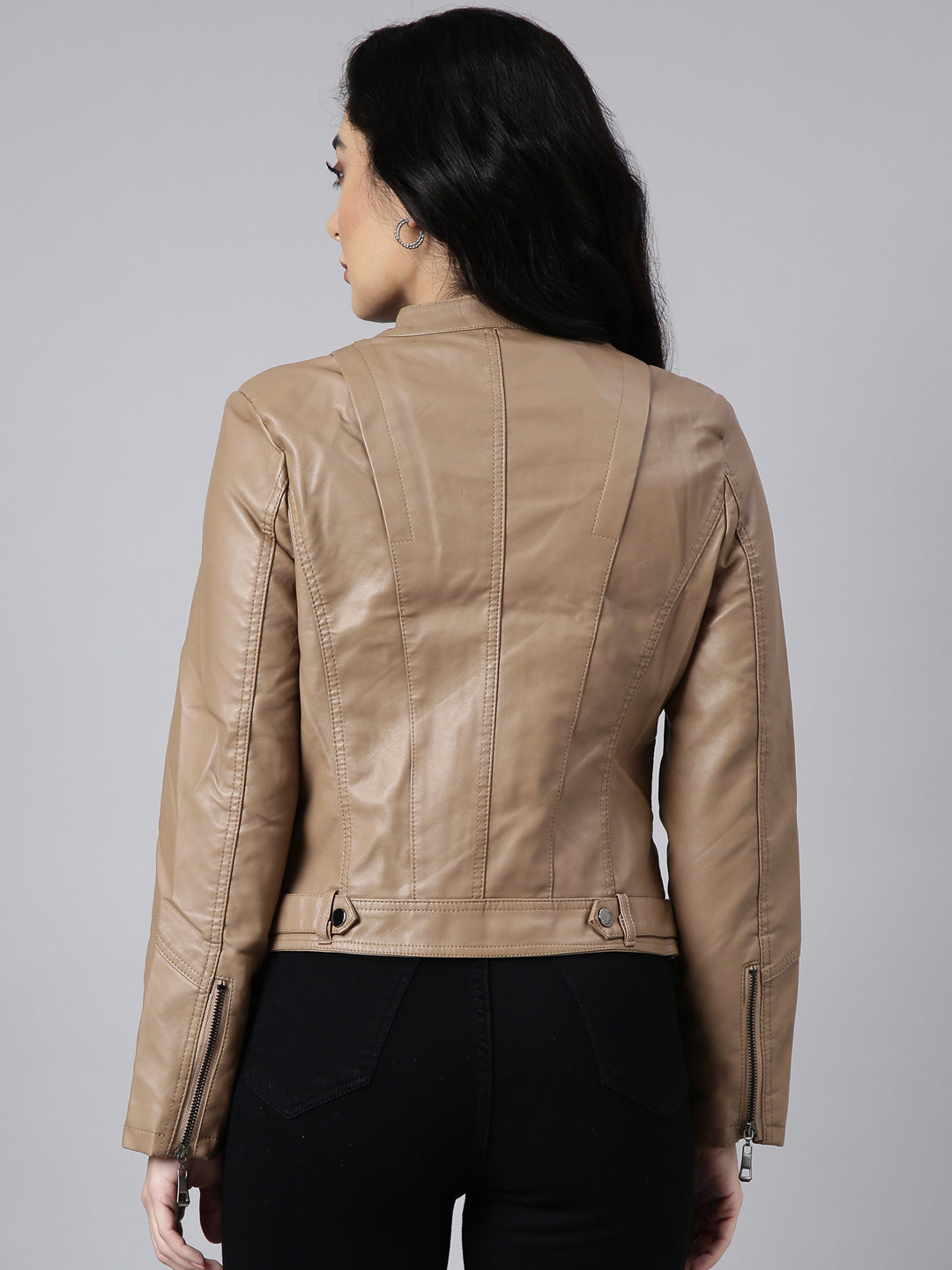 Women Solid Camel Brown Biker Jacket