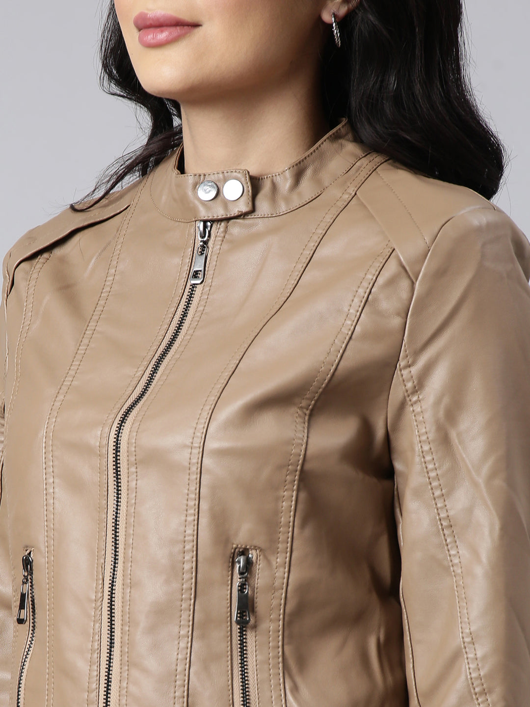 Women Solid Camel Brown Biker Jacket