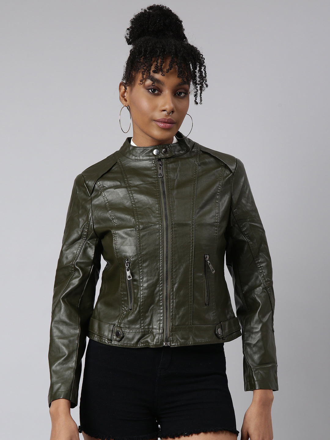 Women's Olive Stand Collar Biker Jacket
