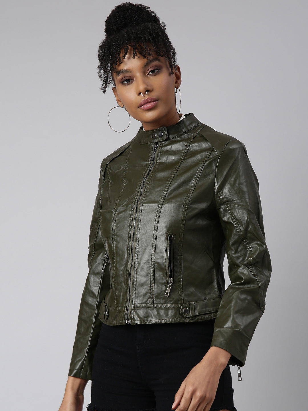 Women's Olive Stand Collar Biker Jacket