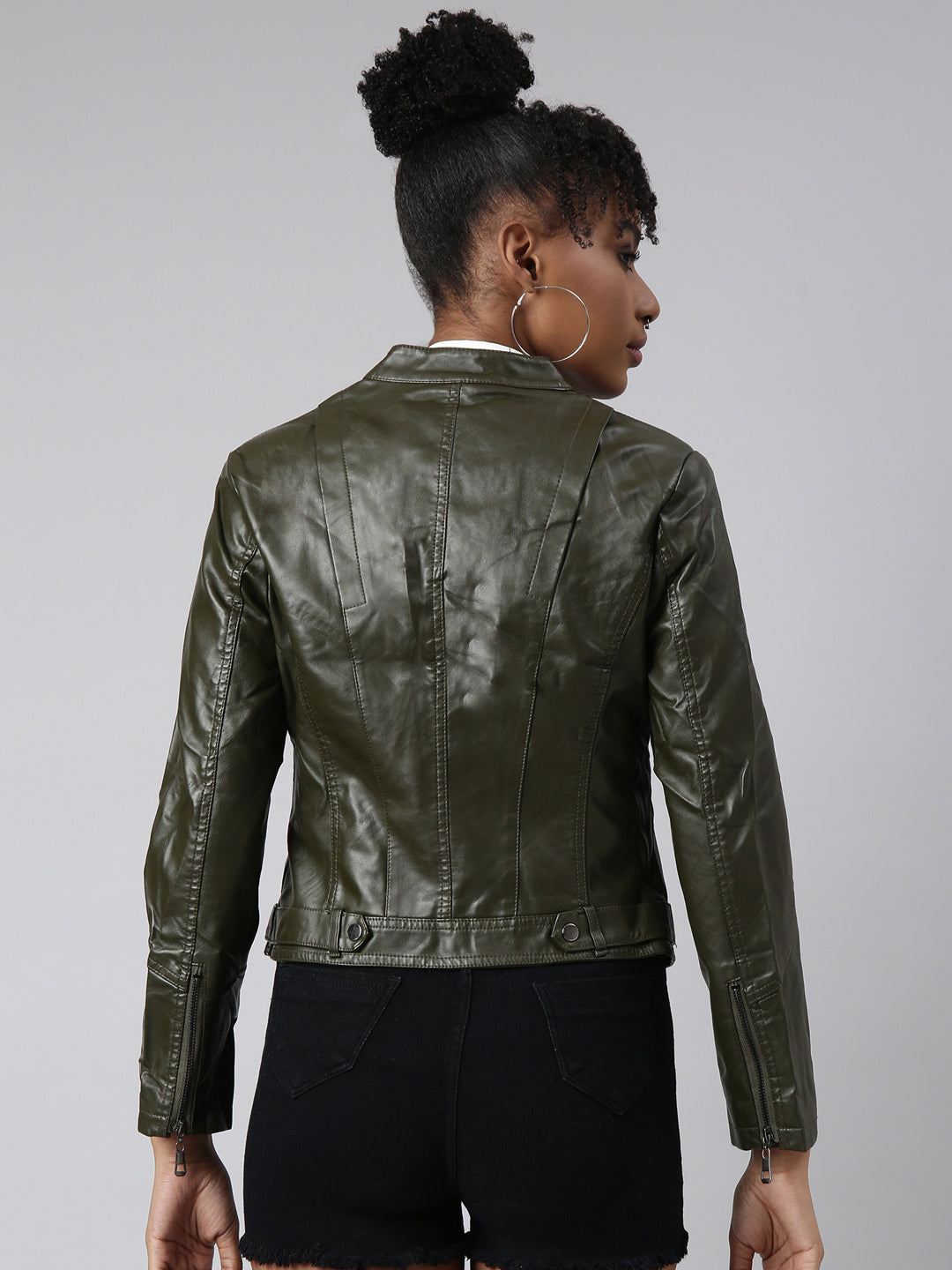 Women's Olive Stand Collar Biker Jacket