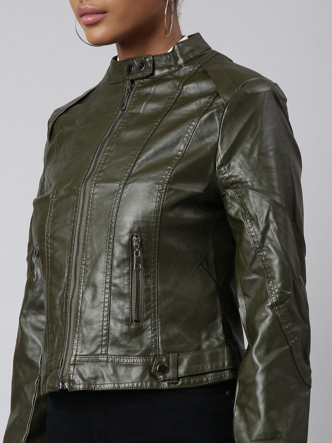 Women's Olive Stand Collar Biker Jacket