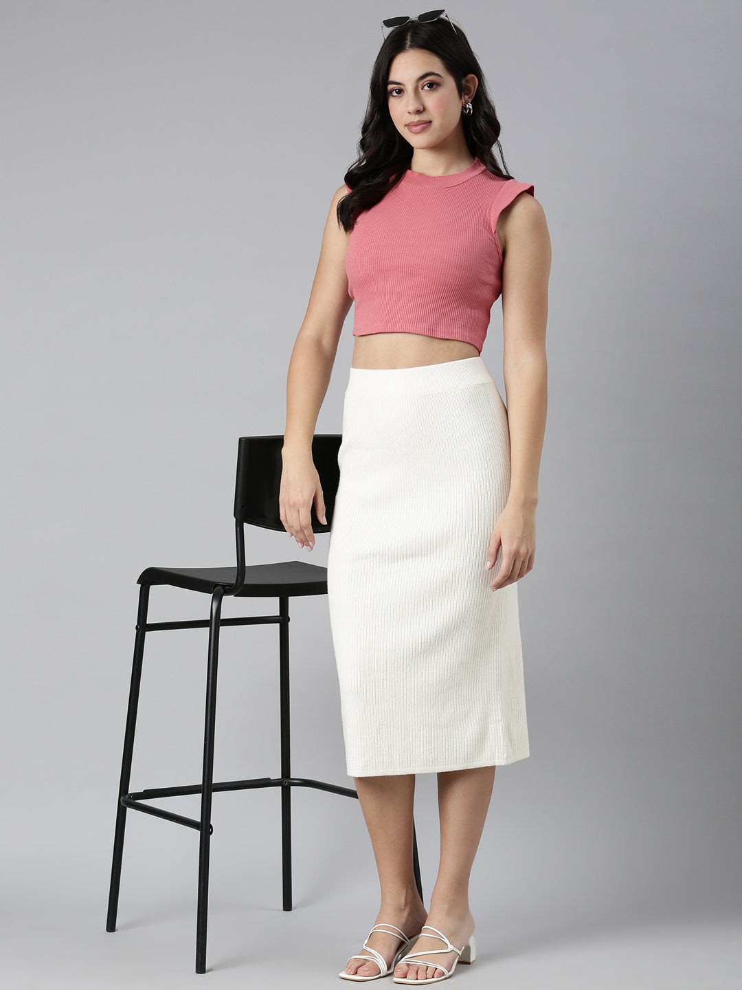 Women's Self Design Cream Straight Midi Skirt