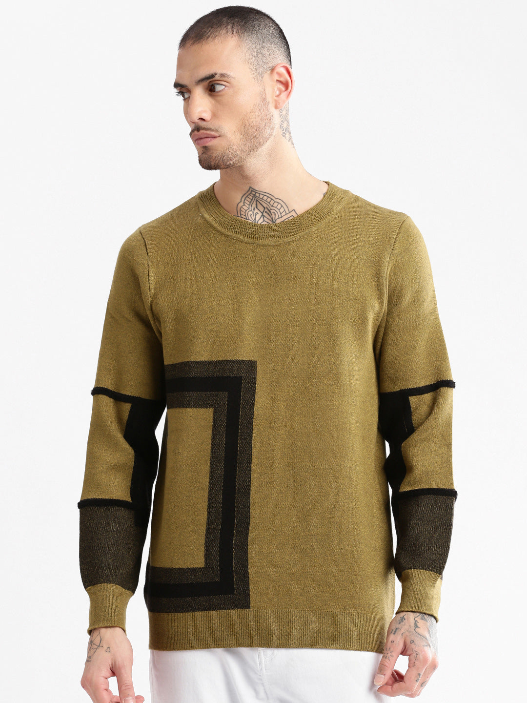 Men Round Neck Geometric Green Pullover