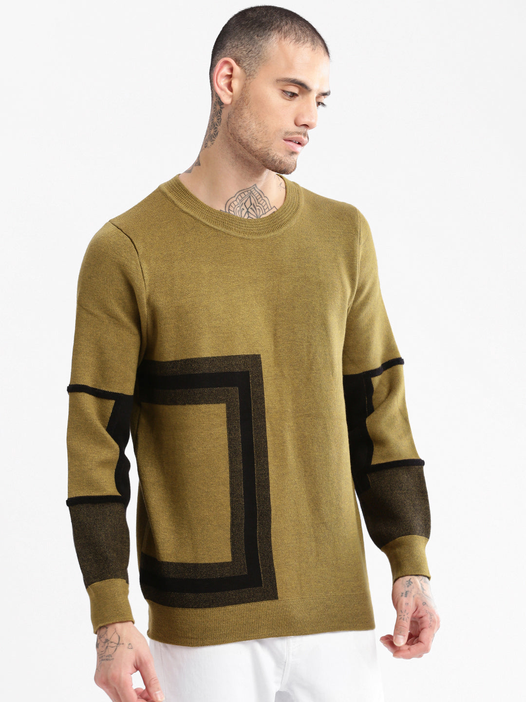 Men Round Neck Geometric Green Pullover