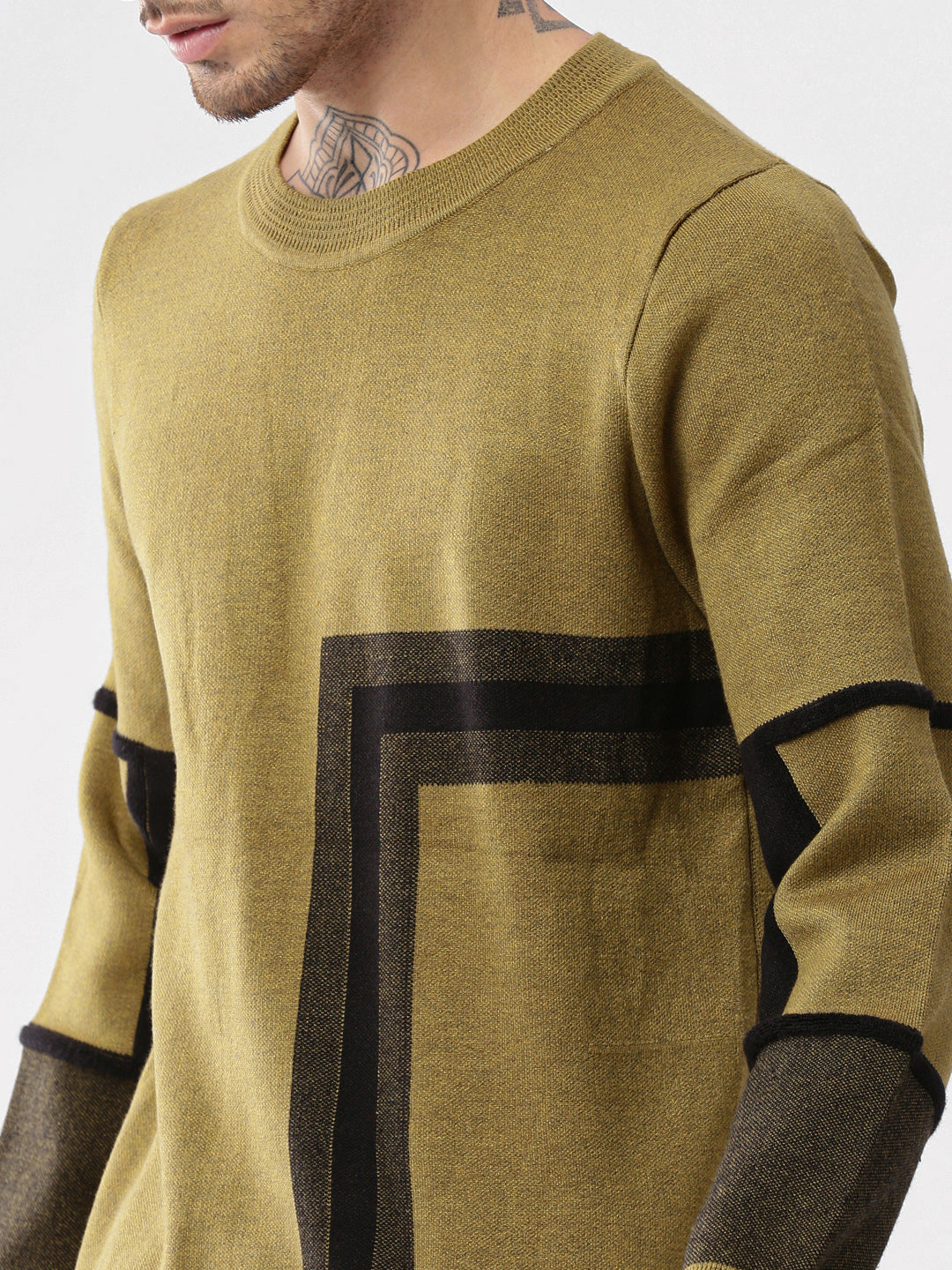 Men Round Neck Geometric Green Pullover