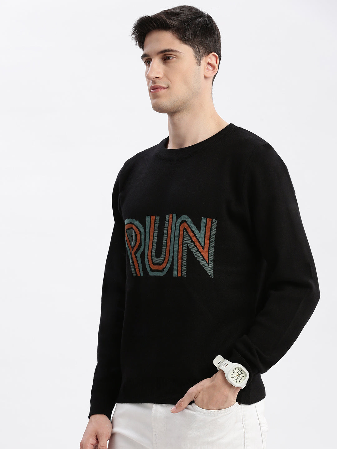 Men Round Neck Typography Black Pullover