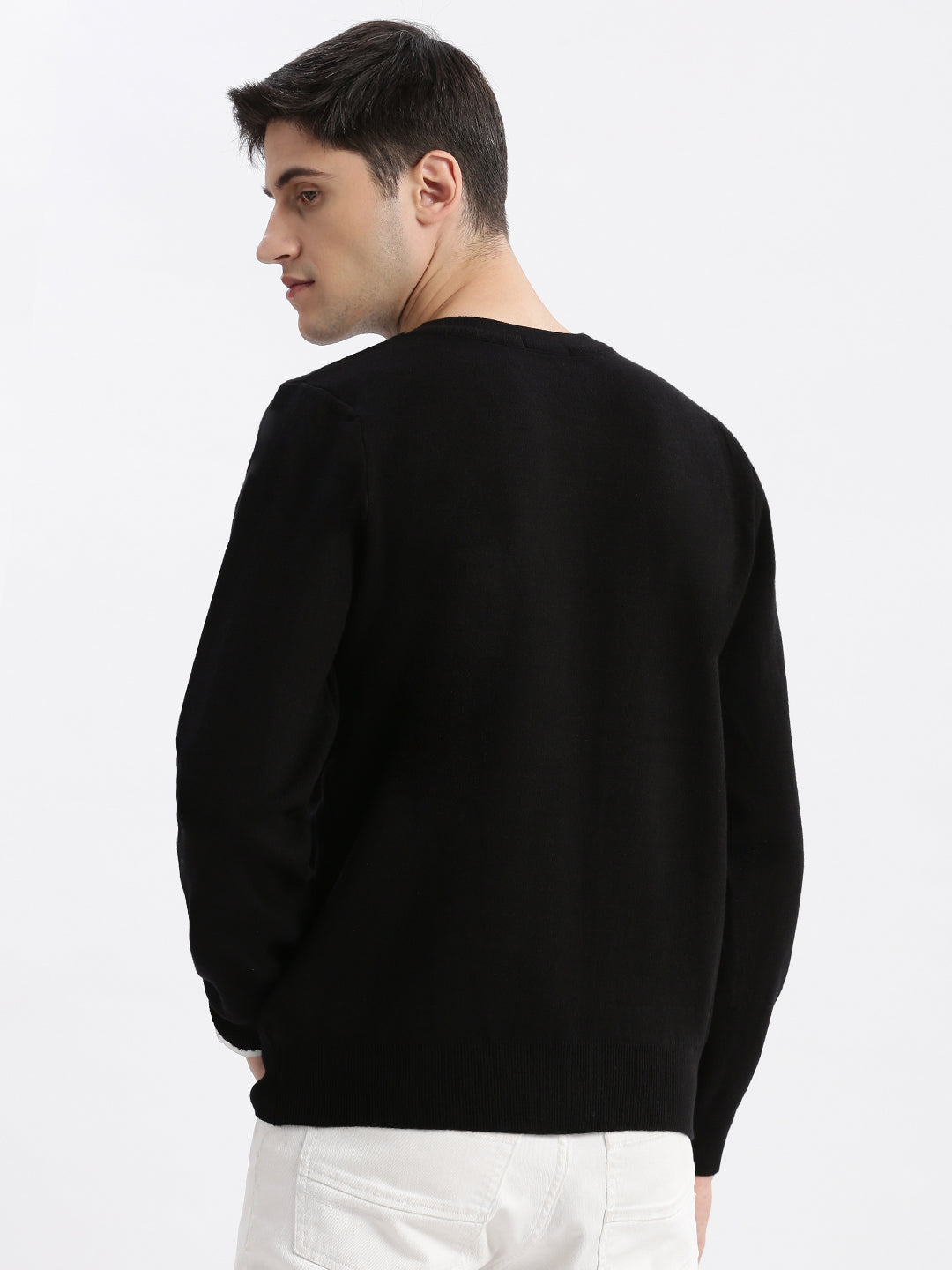 Men Round Neck Typography Black Pullover