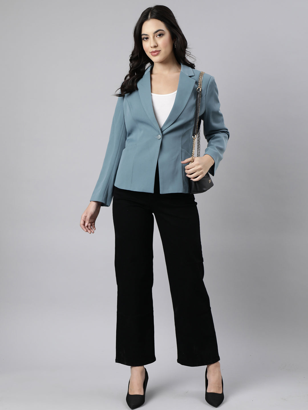 Women's Sea Green Single-Breasted Blazer