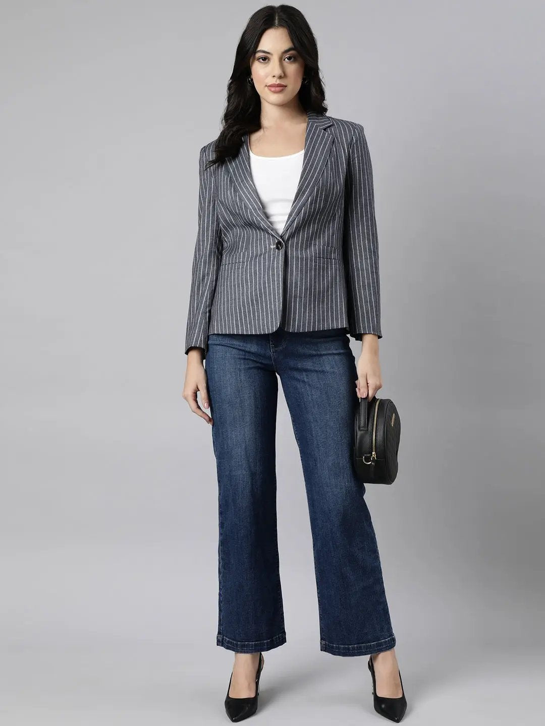 Women's Grey Single-Breasted Blazer
