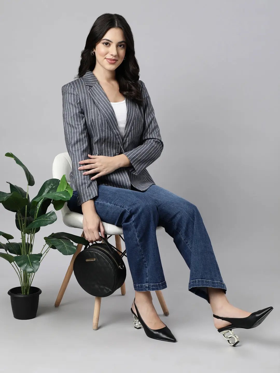 Women's Grey Single-Breasted Blazer