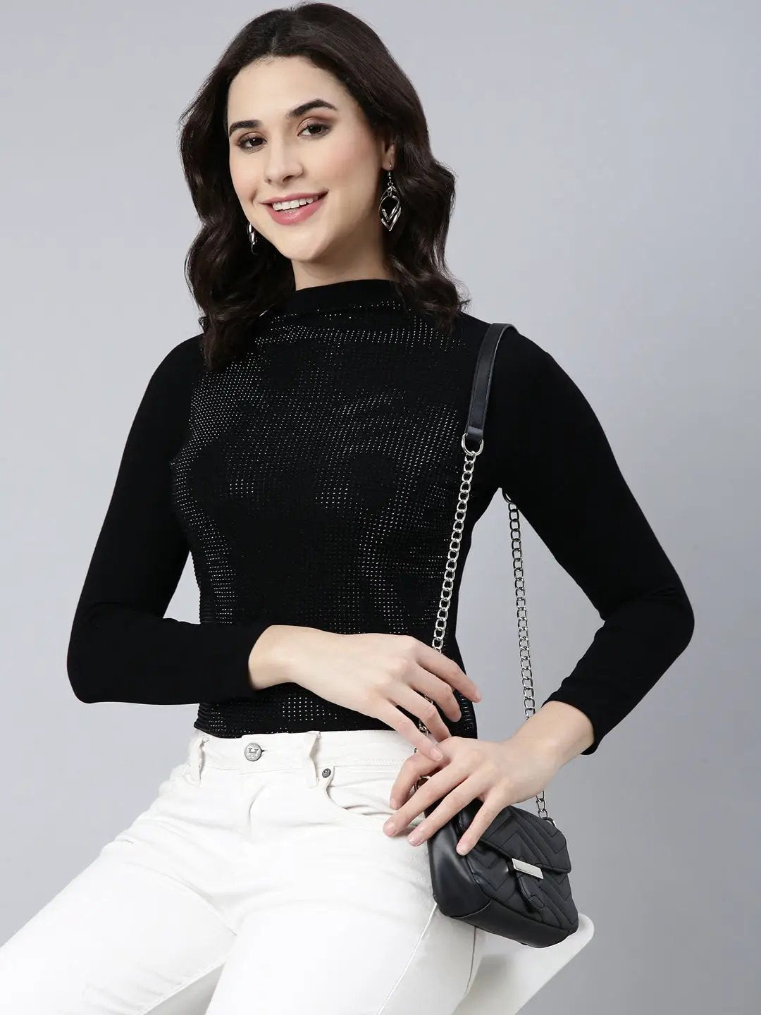 Women's Black High Neck Long Sleeves Top