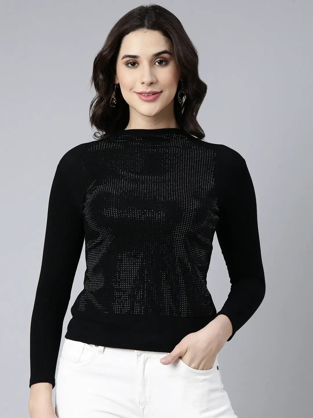 Women's Black High Neck Long Sleeves Top