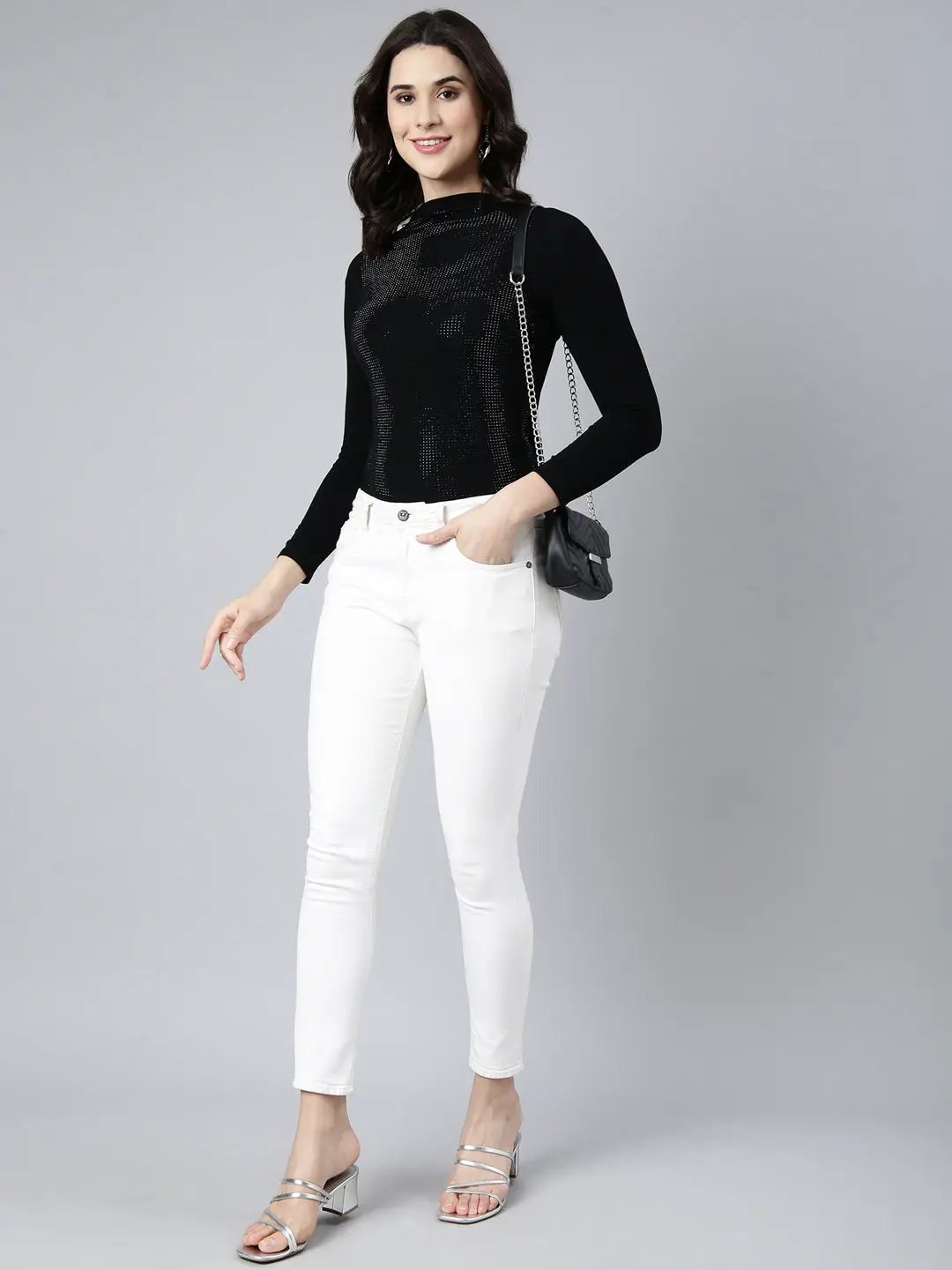Women's Black High Neck Long Sleeves Top