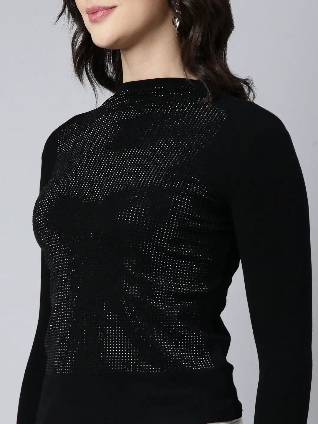 Women's Black High Neck Long Sleeves Top
