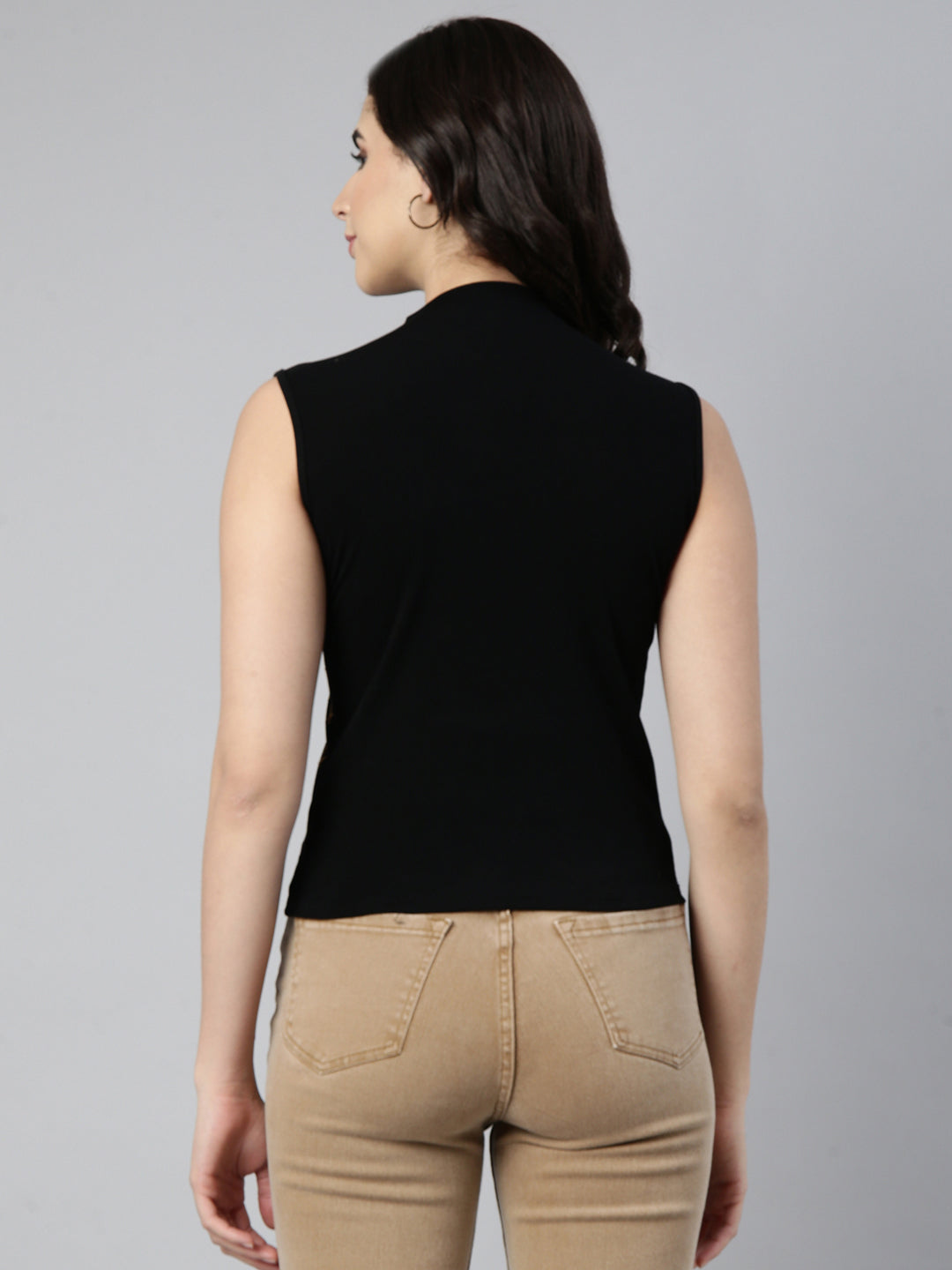 Women's Black Checked High Neck Studded Regular Top